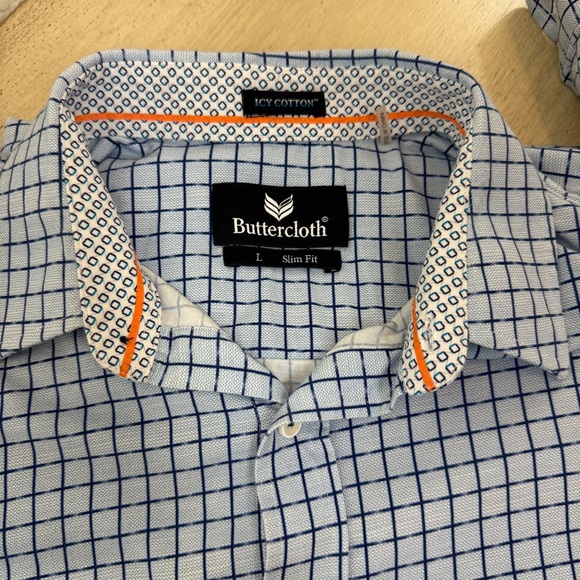 Butter Cloth Shirt Mens Large Blue Grid Check Flip Cuff Regular Fit Lightweight - Picture 6 of 7